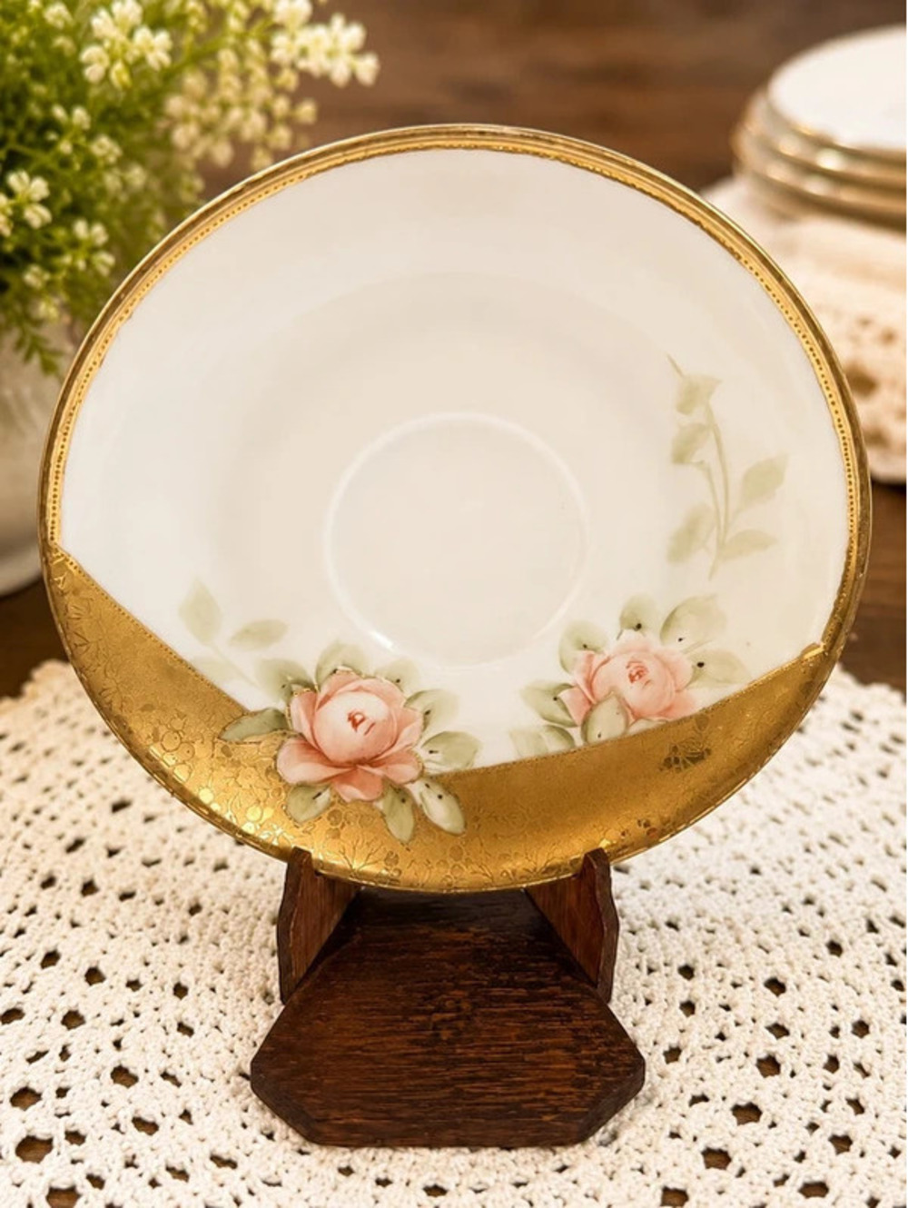 Vintage Hand-Painted Porcelain Saucer with Pink Roses & Gold Trim